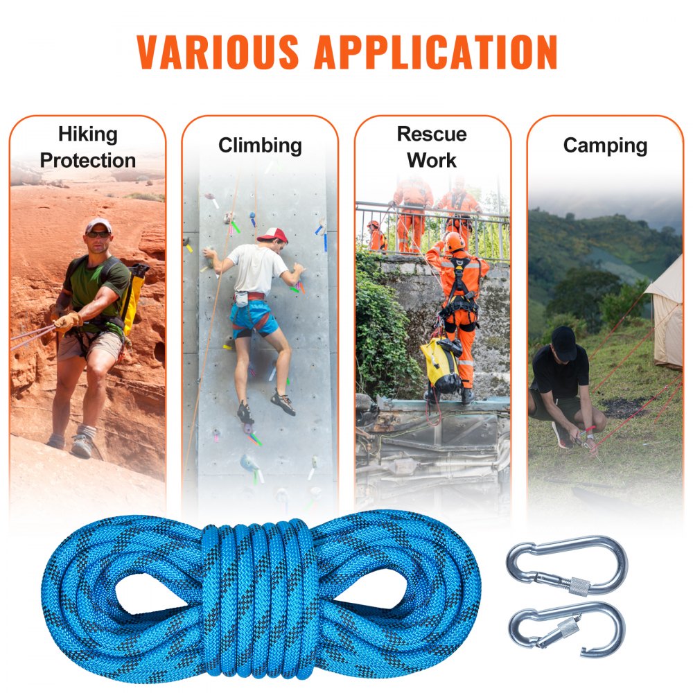 VEVOR 10.5 mm Static Climbing Rope, 9.7M(32ft) Outdoor Rock Climbing Rope 25KN Breaking Tension, Fiber Rope with Steel Snap Hooks for Escape, Rappelling, Fire Rescue, Blue