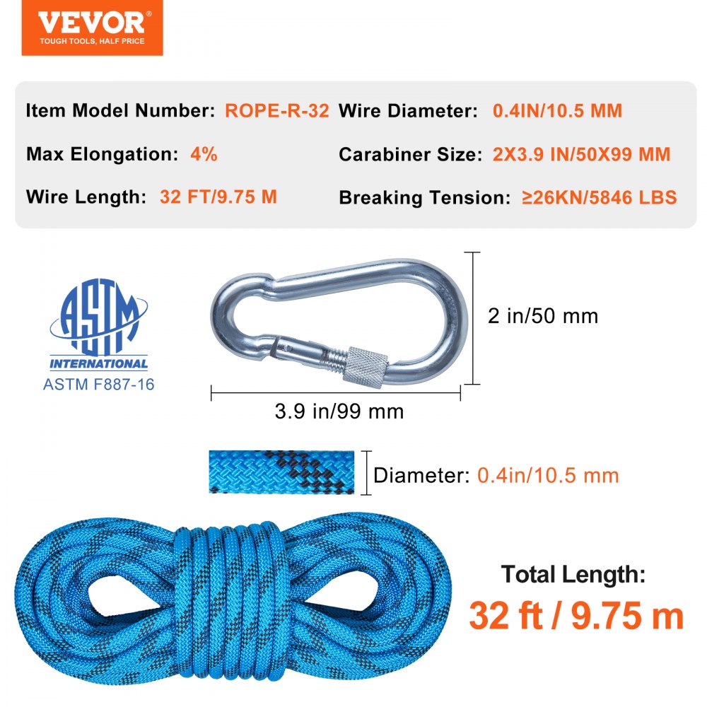 VEVOR 10.5 mm Static Climbing Rope, 9.7M(32ft) Outdoor Rock Climbing Rope 25KN Breaking Tension, Fiber Rope with Steel Snap Hooks for Escape, Rappelling, Fire Rescue, Blue