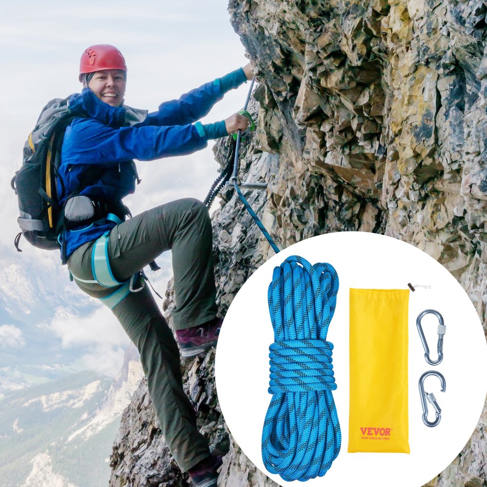 VEVOR 10.5 mm Static Climbing Rope, 9.7M(32ft) Outdoor Rock Climbing Rope 25KN Breaking Tension, Fiber Rope with Steel Snap Hooks for Escape, Rappelling, Fire Rescue, Blue
