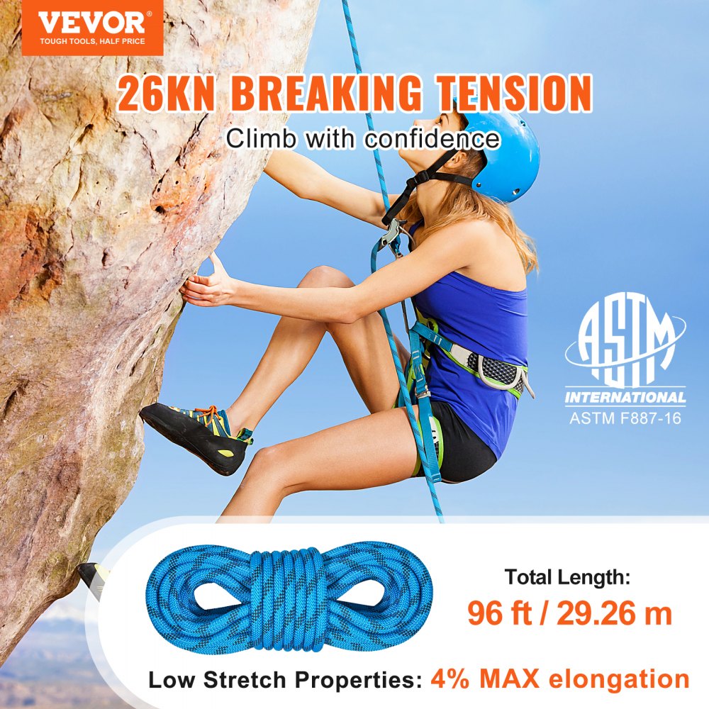 VEVOR 10.5 mm Static Climbing Rope, 29.3M(96ft) Outdoor Rock Climbing Rope 25KN Breaking Tension, Fiber Rope with Steel Snap Hooks for Escape, Rappelling, Fire Rescue, Blue