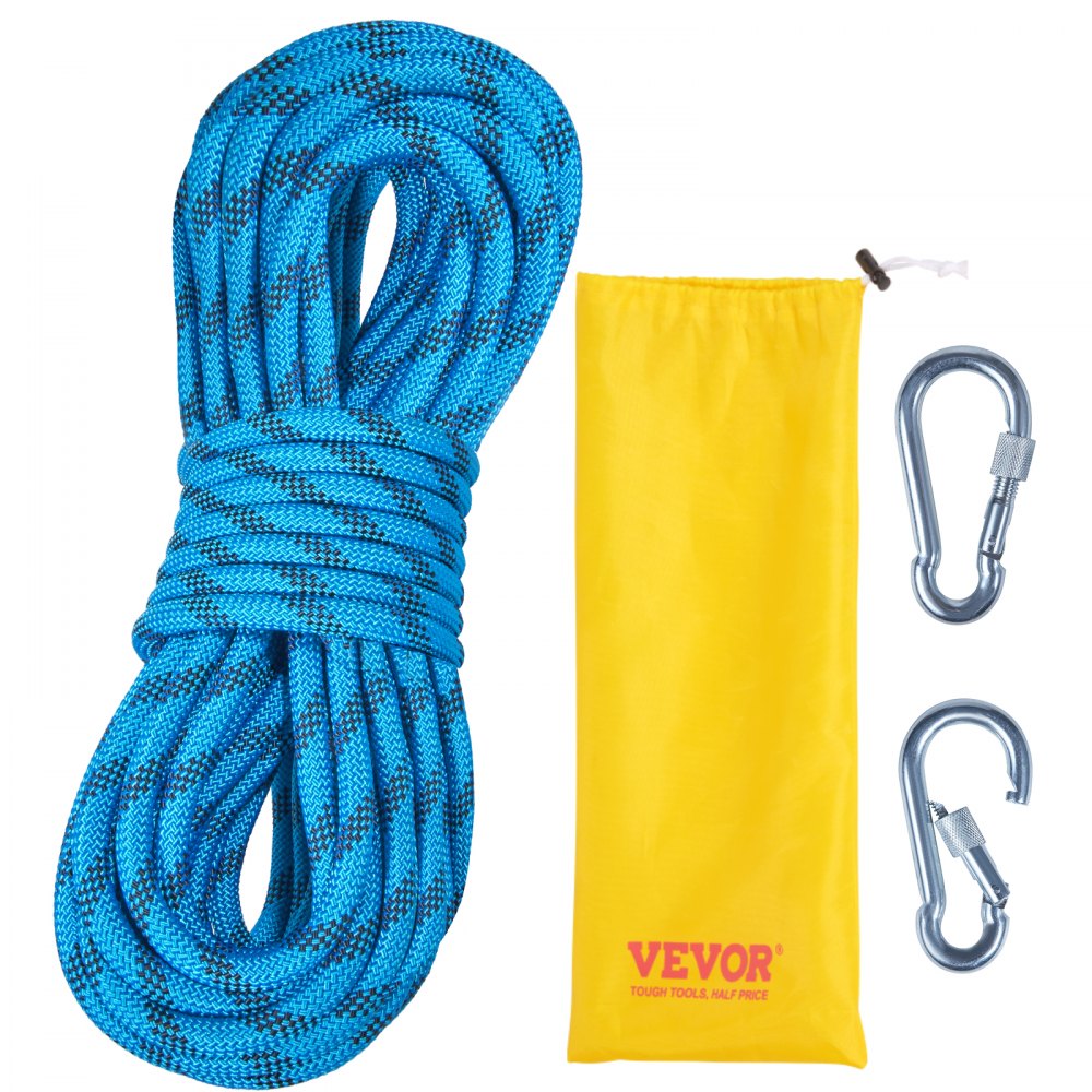 VEVOR 10.5 mm Static Climbing Rope, 29.3M(96ft) Outdoor Rock Climbing Rope 25KN Breaking Tension, Fiber Rope with Steel Snap Hooks for Escape, Rappelling, Fire Rescue, Blue