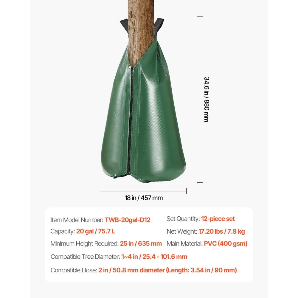 VEVOR Tree Watering Bag, 12 Packs 20 Gallons Watering Bags for New Trees, 5-9 Hours Slow Release Refillable Tree Drip Irrigation Bags with Zipper, Durable Tree Watering System for Deep Root Targeting