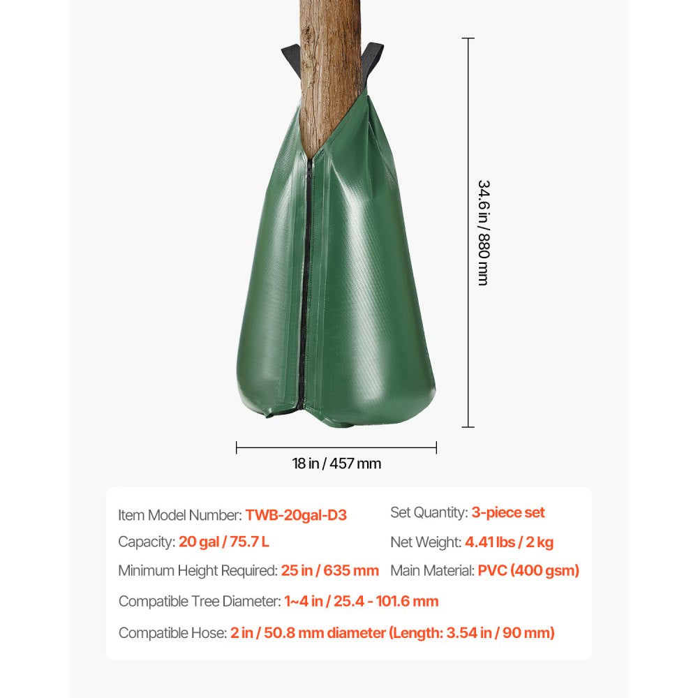 VEVOR Tree Watering Bag, 3 Packs 20 Gallons Watering Bags for New Trees, 5-9 Hours Slow Release Refillable Tree Drip Irrigation Bags with Zipper, Durable Tree Watering System for Deep Root Targeting