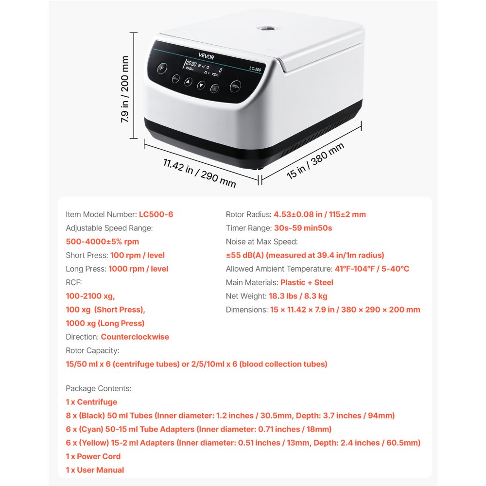 VEVOR LC500-6 centrifuge machine - dimensions and package contents infographic
