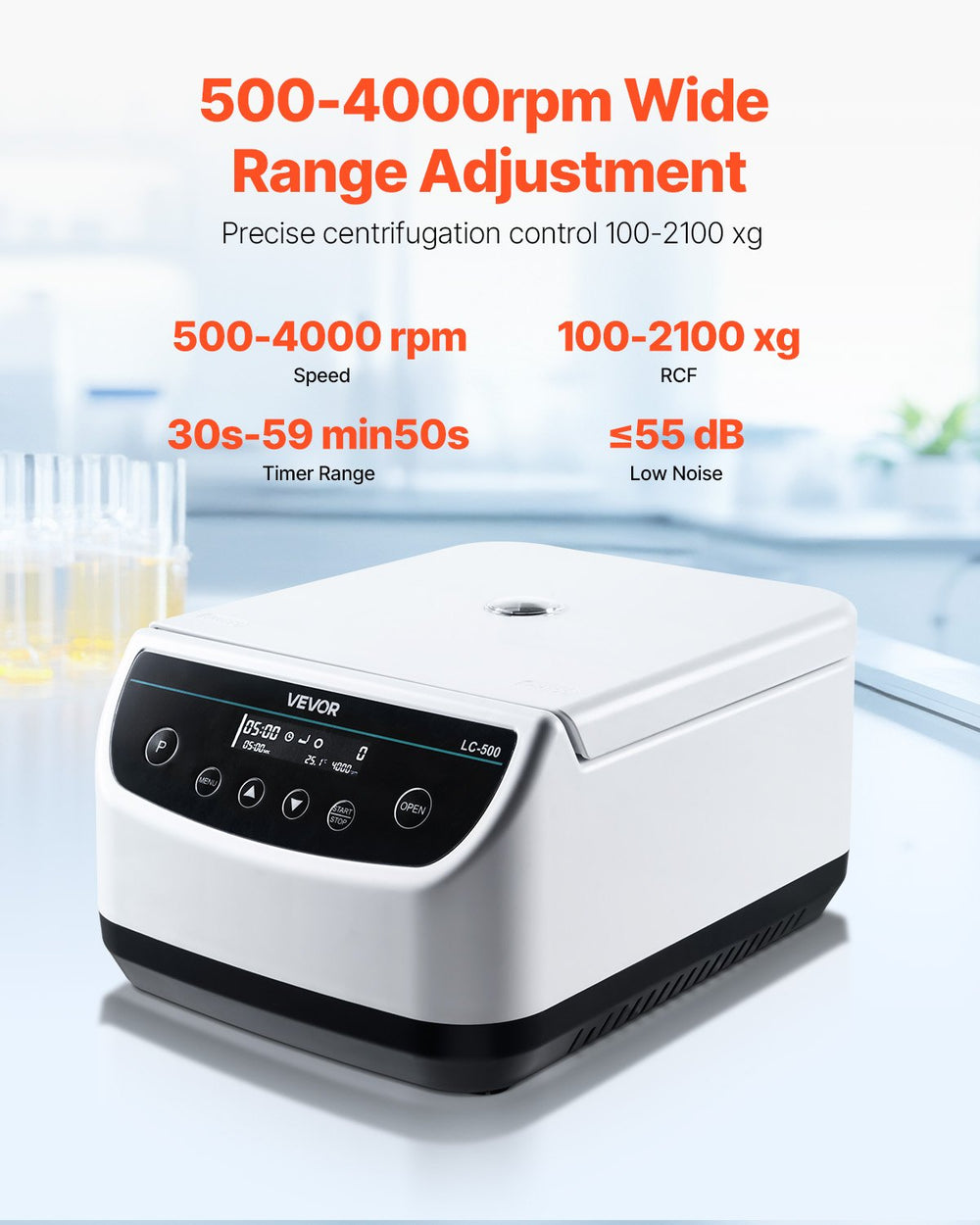 VEVOR centrifuge machine - 500-4000 rpm and 100-2100 xg performance infographic