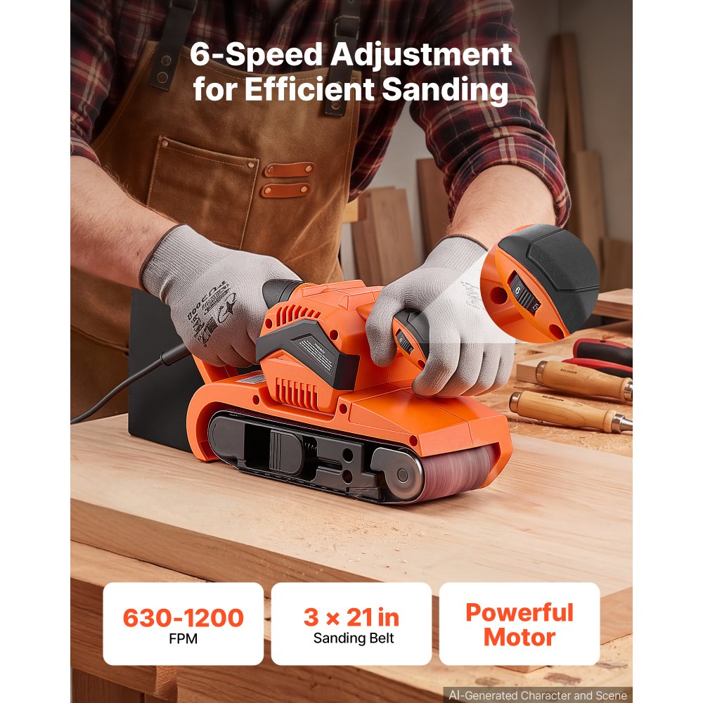 VEVOR 7A Belt Sander 3" x 21" Woodworking Belt Sander 6 Speeds 630-1200 FPM, 2-in-1 Handheld & Benchtop Sanding Machine with 2 Dust Bags, 10PCS Sanding Belts & 2 Clamps for Woodworking Projects