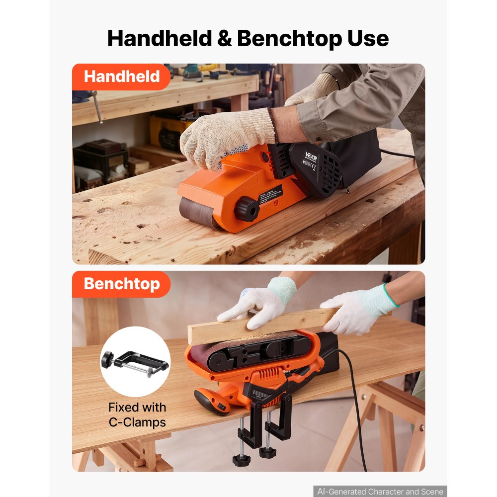 VEVOR 7A Belt Sander 3" x 21" Woodworking Belt Sander 6 Speeds 630-1200 FPM, 2-in-1 Handheld & Benchtop Sanding Machine with 2 Dust Bags, 10PCS Sanding Belts & 2 Clamps for Woodworking Projects