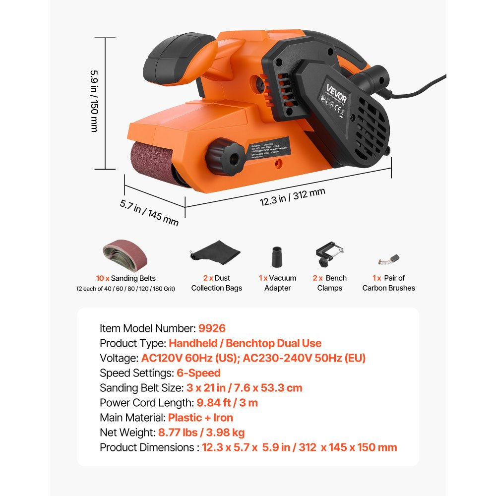 VEVOR 7A Belt Sander 3" x 21" Woodworking Belt Sander 6 Speeds 630-1200 FPM, 2-in-1 Handheld & Benchtop Sanding Machine with 2 Dust Bags, 10PCS Sanding Belts & 2 Clamps for Woodworking Projects