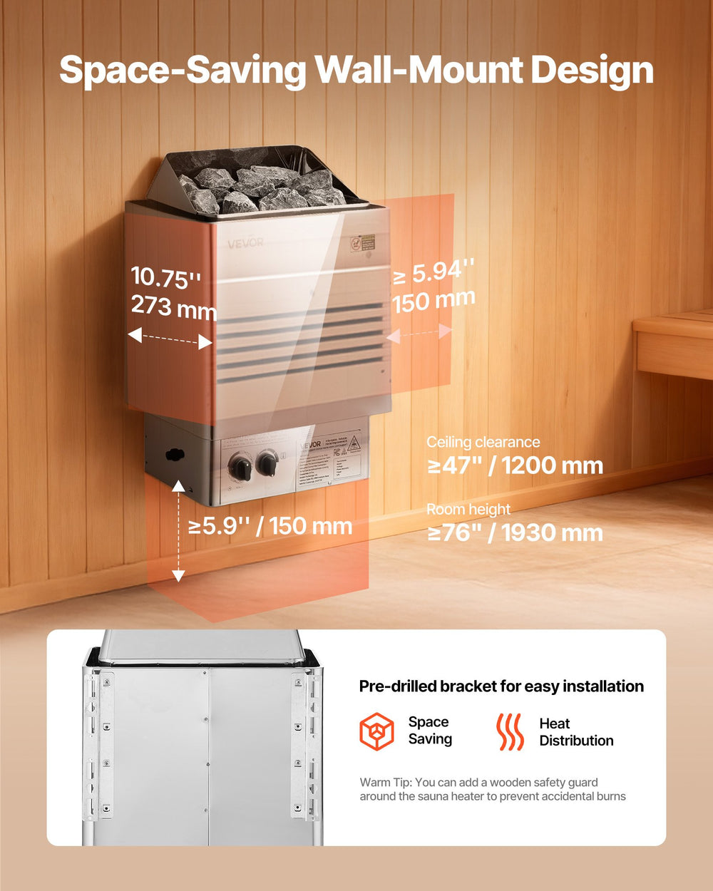 VEVOR Sauna Heater, 6KW 240V Electric Sauna Stove, Dry Steam Bath Saunas Stove with Pre-Drilled Bracket, Fit 176.5 to 317.8 CU.FT Saunas Rooms, Steam Bath Stoves for Home, Commercial, Leisure Venues