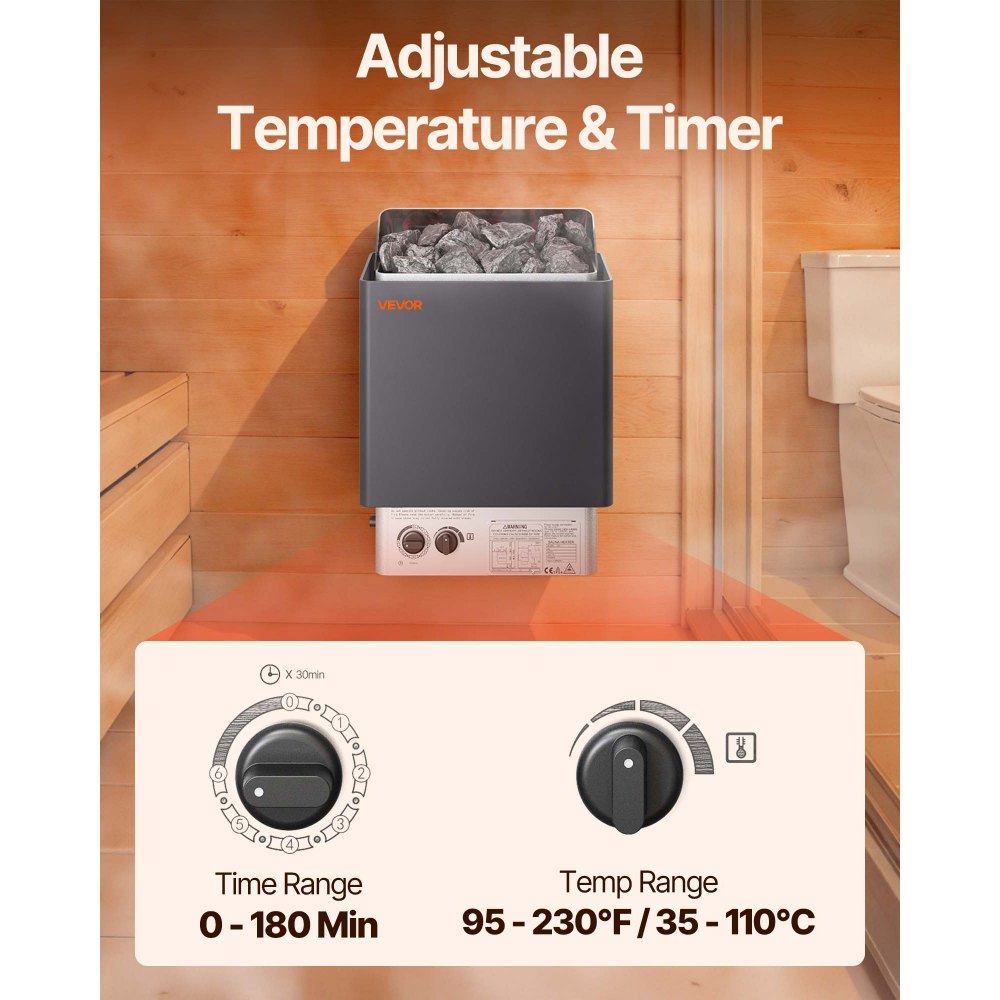 VEVOR Sauna Heater, 4.5KW 220V Electric Sauna Stove, Steam Bath Sauna Heater with Built-In Controls, 3h Timer and Adjustable Temp for Max. 105-210 Cubic Feet, Home Hotel Spa Shower Use