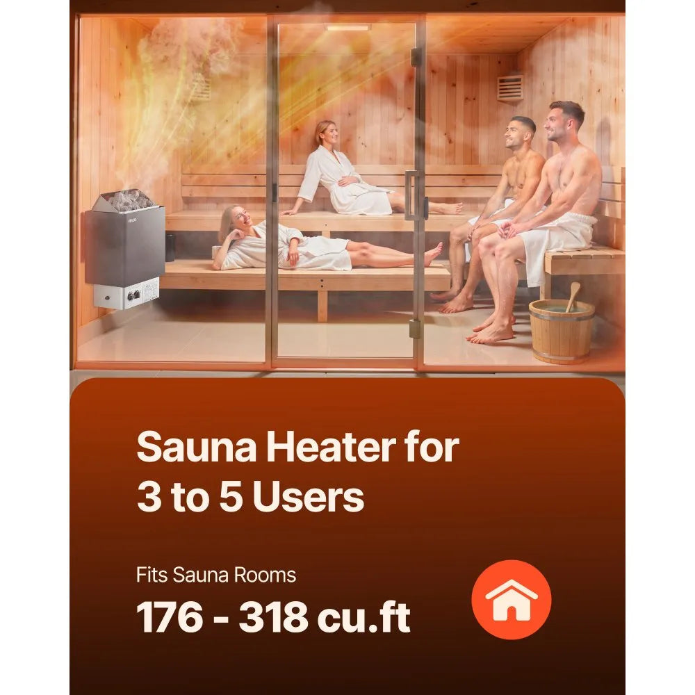 VEVOR Sauna Heater, 6KW 220V Electric Sauna Stove, Steam Bath Sauna Heater with Built-In Controls, 3h Timer and Adjustable Temp for Max. 176-318 Cubic Feet, Home Hotel Spa Shower Use