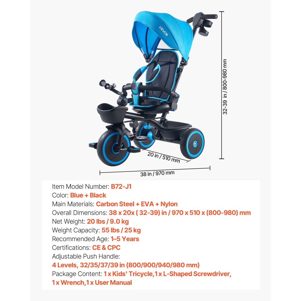 VEVOR Toddler Tricycle & Stroller for 1-5 Year Old, 6-in-1 Kids Trike with Parent Push Handle, Canopy, Adjustable Seat and Storage, Tricycle for Toddlers, Birthday Toy for Boys and Girls, Blue/Black