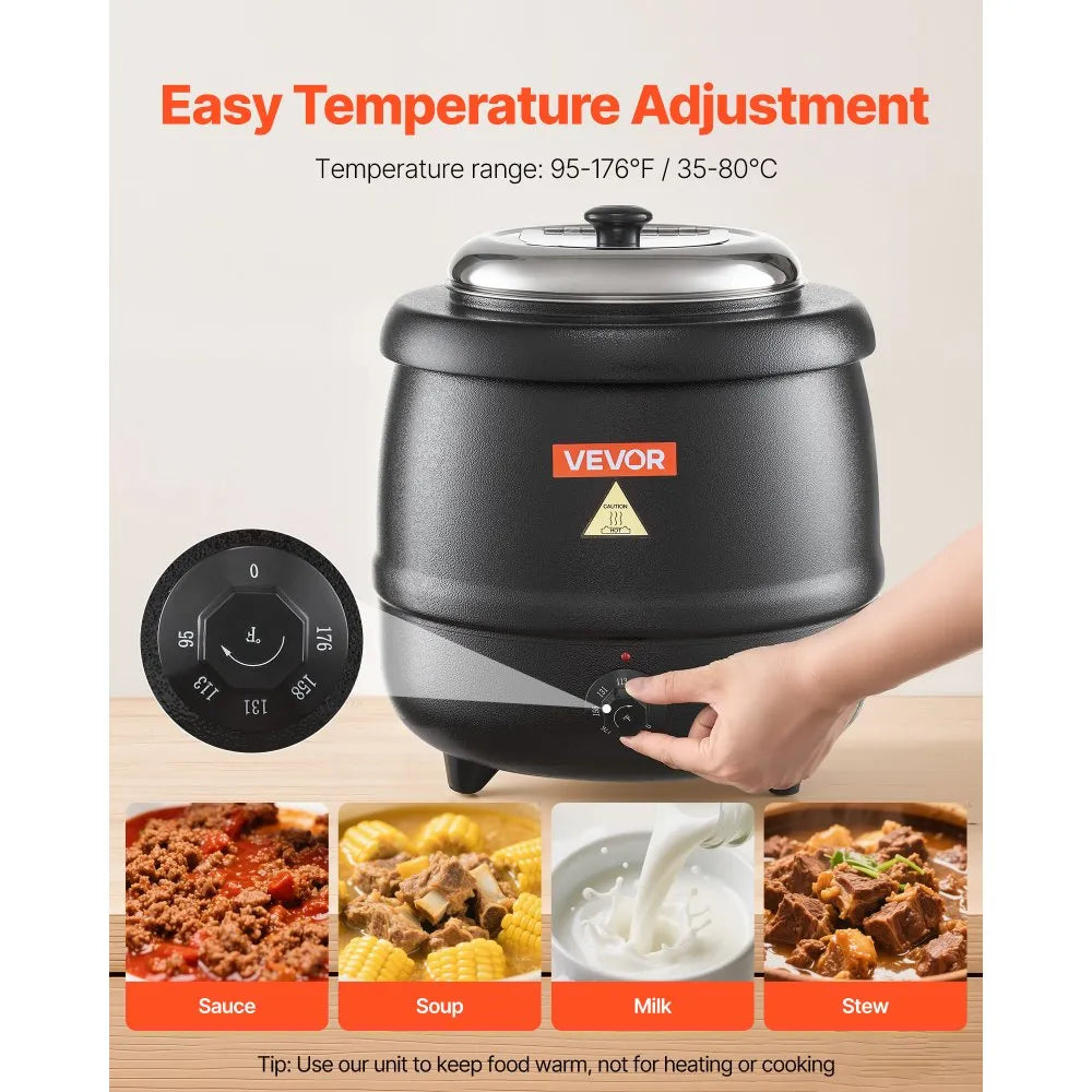 VEVOR Electric Soup Warmer, 10QT Commercial Soup Kettle with 304 Stainless Steel Detachable Insert Pot, 95~176°F Adjustable Temperature, Soup Station for Restaurant and Big Family, Black