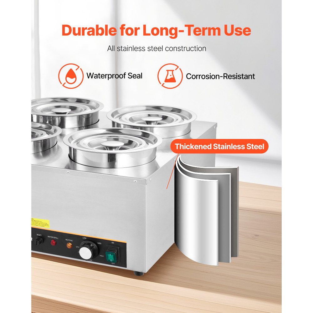 VEVOR Electric Soup Warmer, Four 6.34QT Stainless Steel Round Pot with 86~185°F Adjustable Temp, 1500W Commercial Bain Marie with Anti-dry Burn and Reset Button, Soup Station for Restaurant, Buffet