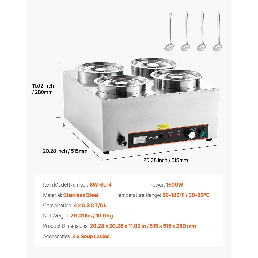 VEVOR Electric Soup Warmer, Four 6.34QT Stainless Steel Round Pot with 86~185°F Adjustable Temp, 1500W Commercial Bain Marie with Anti-dry Burn and Reset Button, Soup Station for Restaurant, Buffet