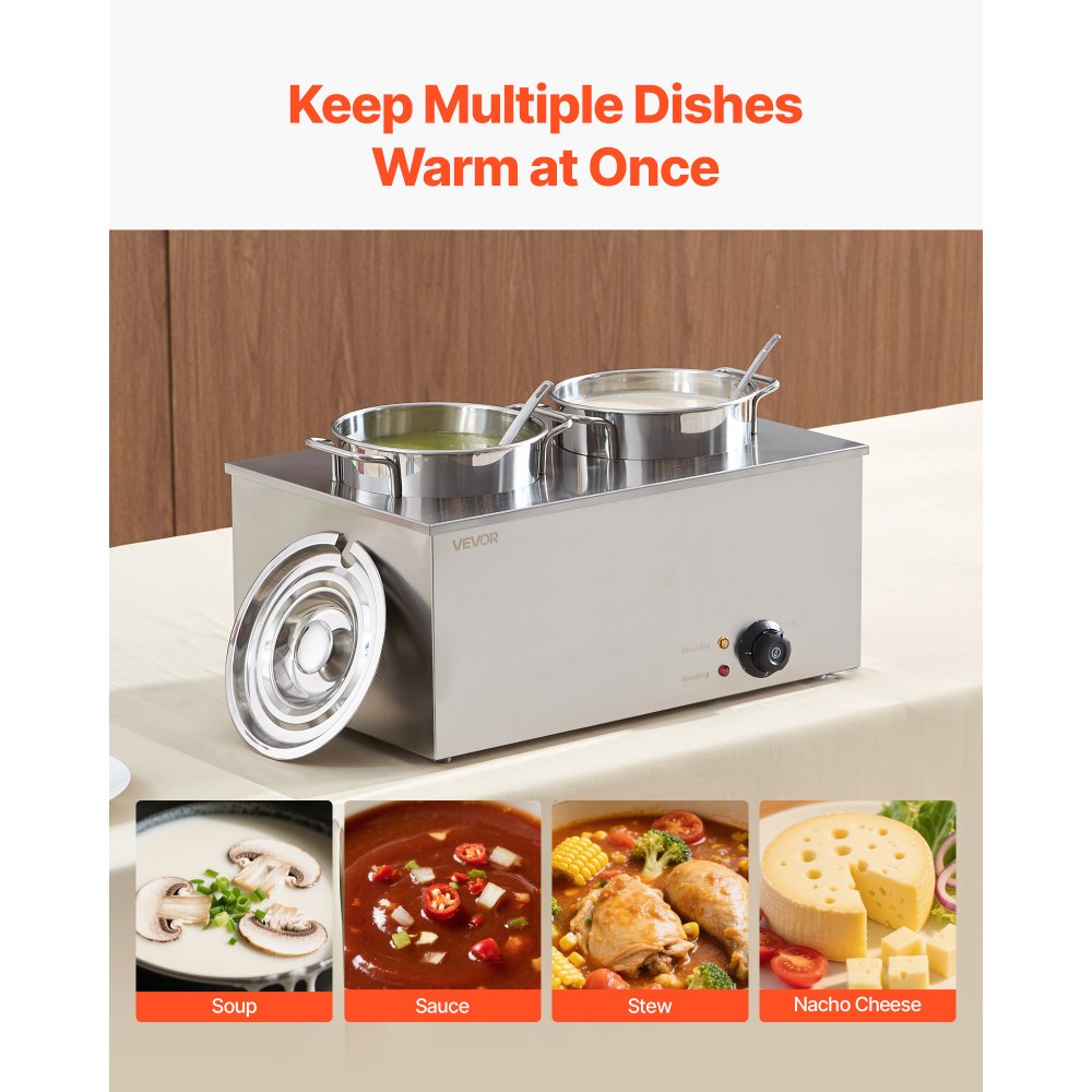 VEVOR Electric Soup Warmer, Two 6.34QT Stainless Steel Round Pot with 86~185°F Adjustable Temp, 1200W Commercial Bain Marie Compatible with Pans, Soup Station for Restaurant, Buffet