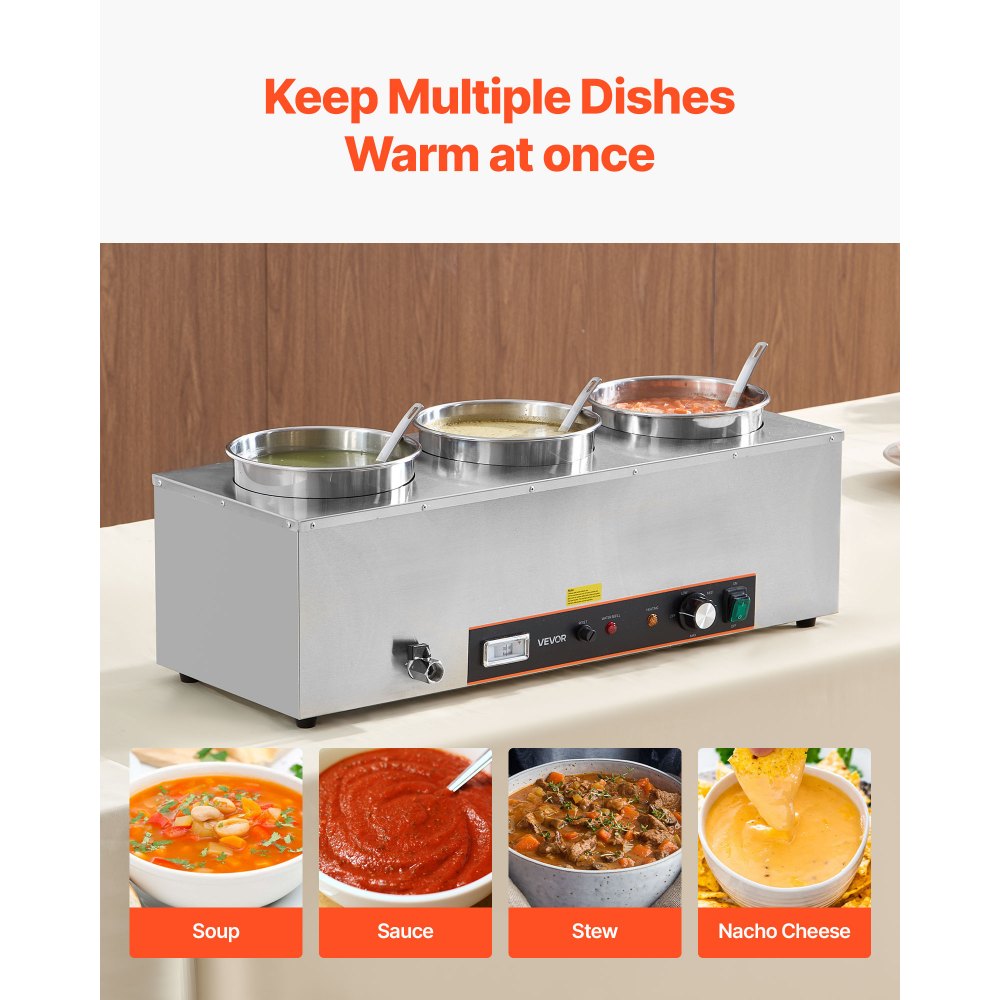 VEVOR Electric Soup Warmer, Three 6.34QT Stainless Steel Round Pot with 86~185°F Adjustable Temp, 1500W Commercial Bain Marie with Anti-dry Burn and Reset Button, Soup Station for Restaurant, Buffet