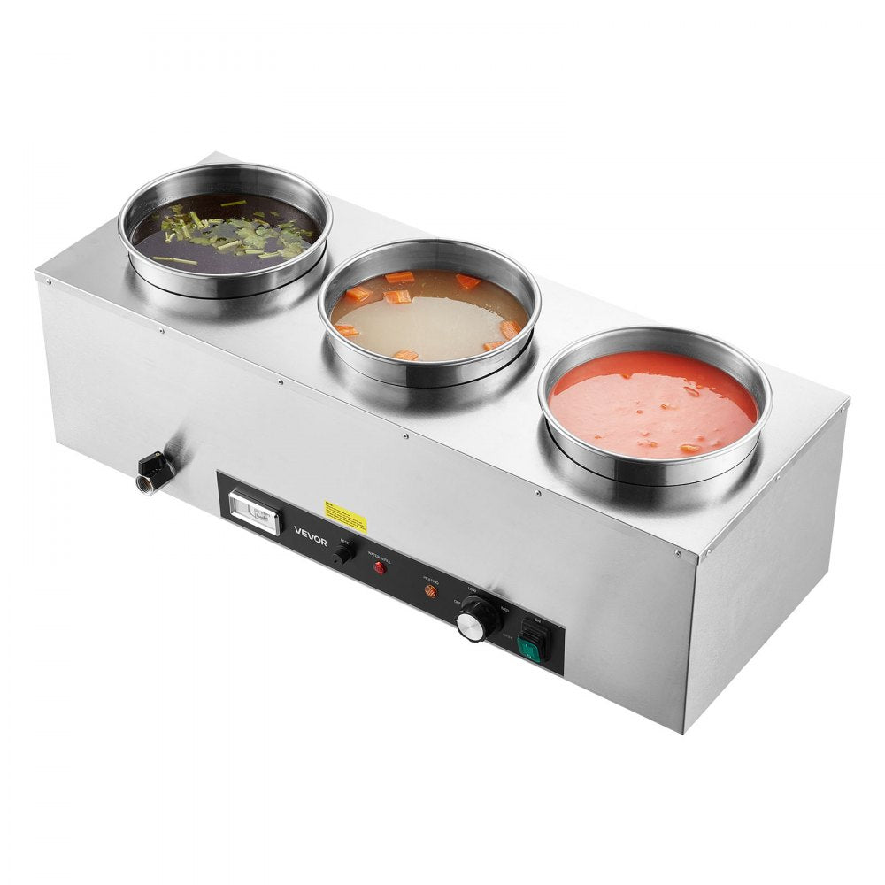 VEVOR Electric Soup Warmer, Three 6.34QT Stainless Steel Round Pot with 86~185°F Adjustable Temp, 1500W Commercial Bain Marie with Anti-dry Burn and Reset Button, Soup Station for Restaurant, Buffet