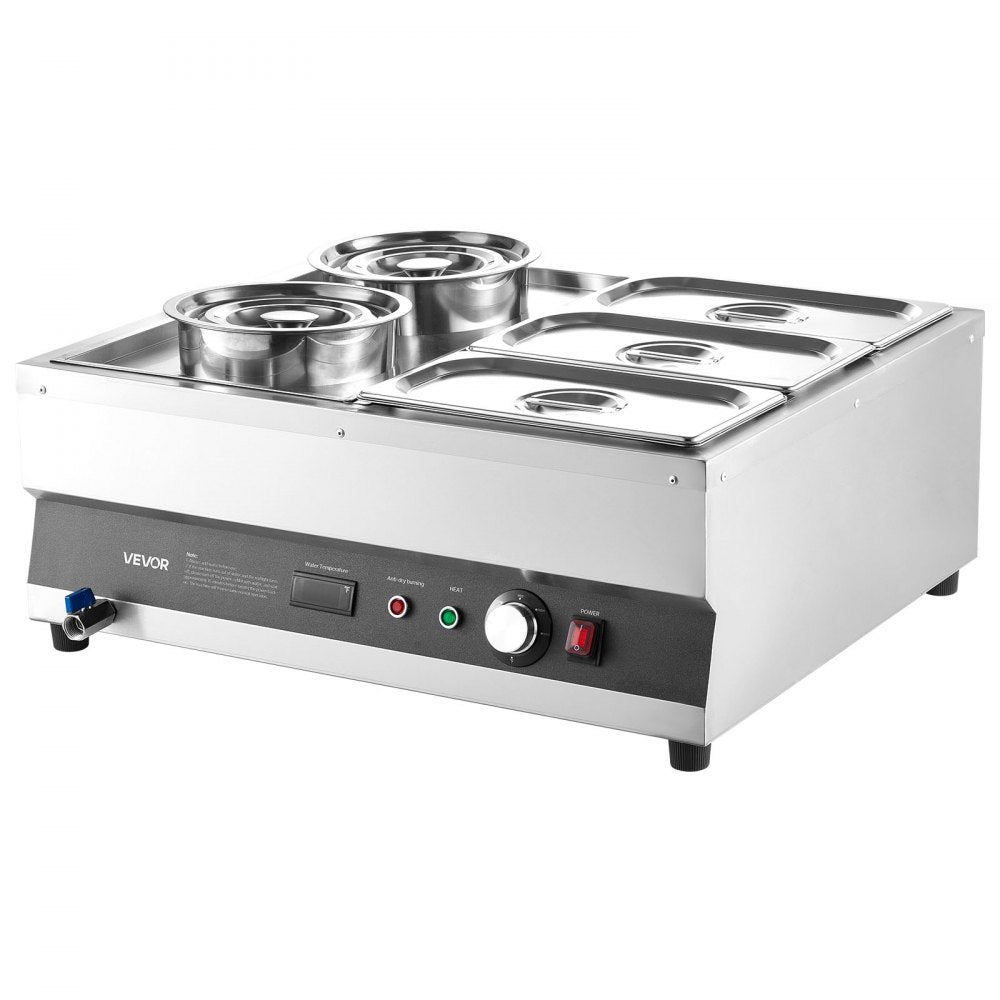 VEVOR Electric Soup Warmer, Two 6.34QT Pots & Three 1/3 Pans, Stainless Steel Commercial Food Warmer with 86~185°F Adjustable Temp, 1500W Bain Marie, Soup Station for Restaurant, Buffet