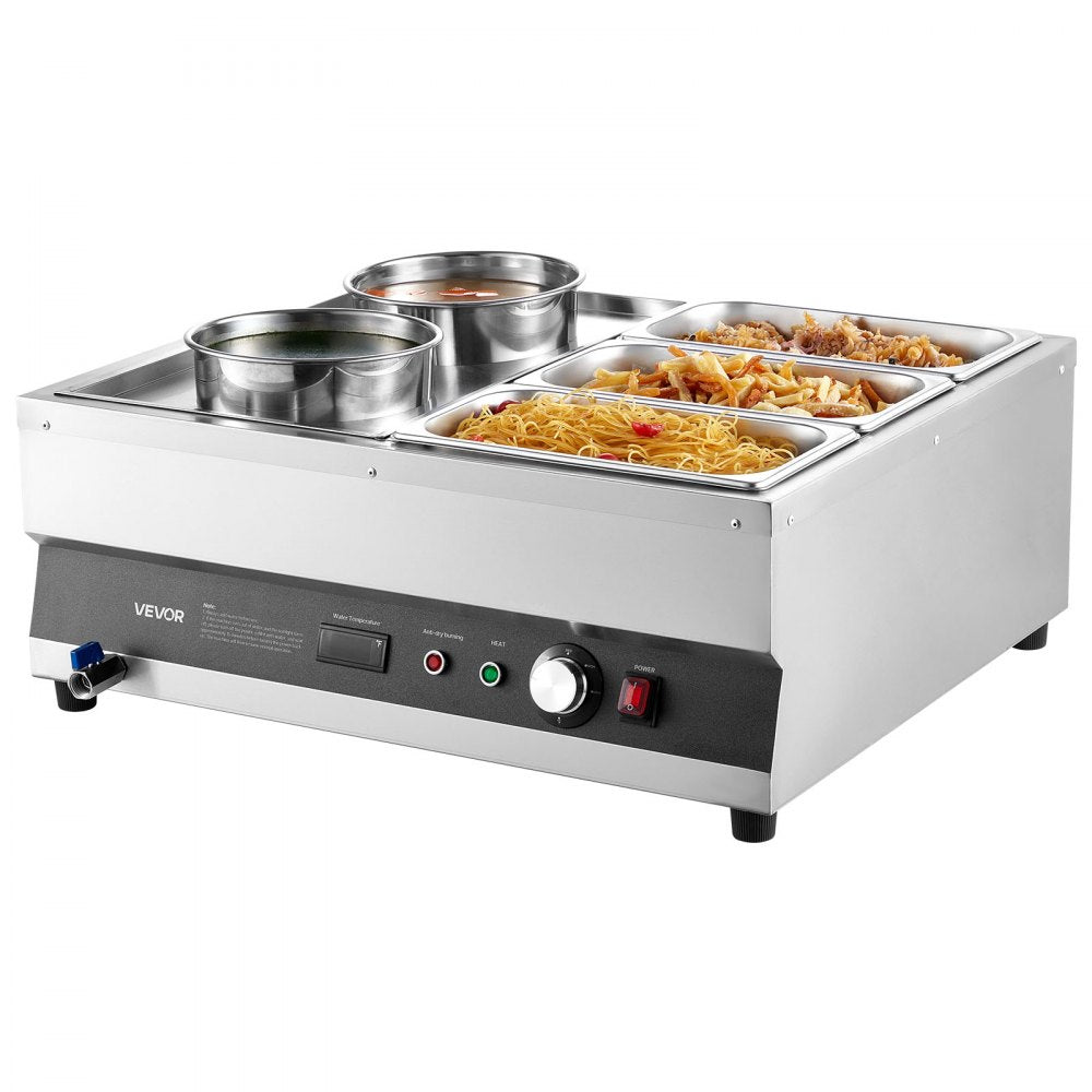 VEVOR Electric Soup Warmer, Two 6.34QT Pots & Three 1/3 Pans, Stainless Steel Commercial Food Warmer with 86~185°F Adjustable Temp, 1500W Bain Marie, Soup Station for Restaurant, Buffet