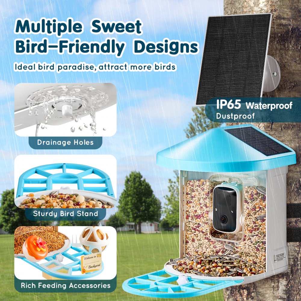 VEVOR Smart Bird Feeder with Camera, 2K HD AI Identify 10000+ Bird Species, Solar-Powered Bird Watching Camera with Auto Capture & Instant Notify, Wireless Outdoor Gift for Bird Lover (3 Solar Panels)