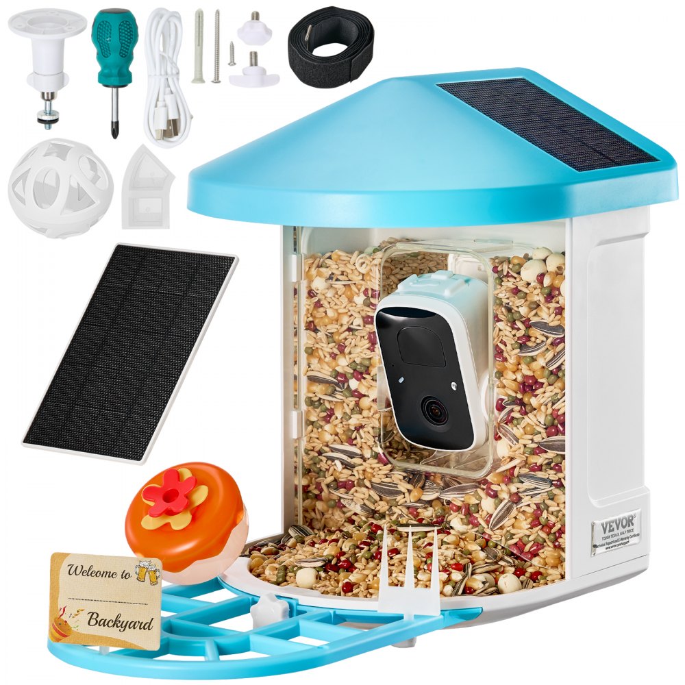 VEVOR Smart Bird Feeder with Camera, 2K HD AI Identify 10000+ Bird Species, Solar-Powered Bird Watching Camera with Auto Capture & Instant Notify, Wireless Outdoor Gift for Bird Lover (3 Solar Panels)