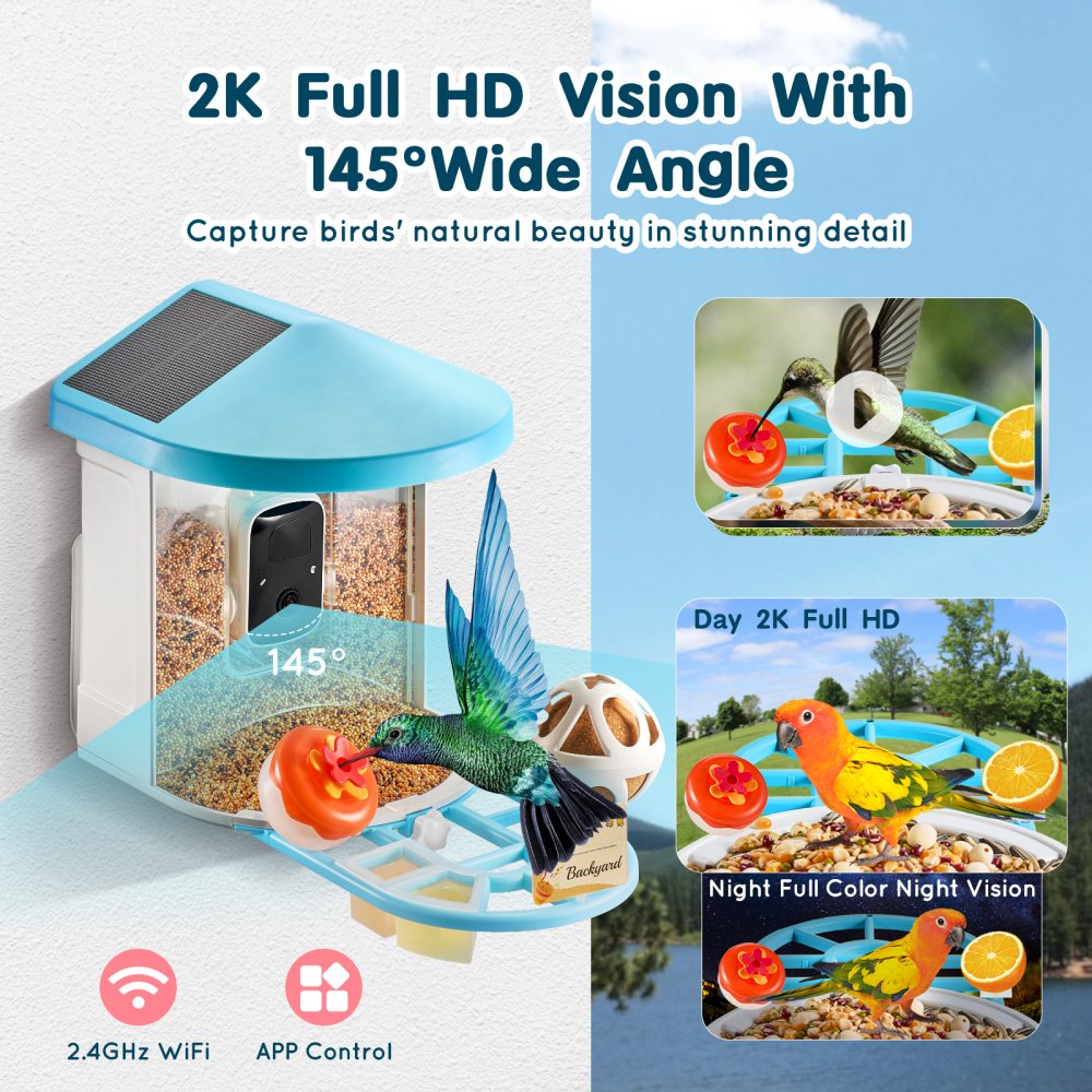 VEVOR Smart Bird Feeder with Camera, 2K HD AI Identify 10000+ Bird Species, Solar-Powered Bird Watching Camera with Auto Capture & Instant Notify, Wireless Outdoor Gift for Bird Lover (2 Solar Panels)