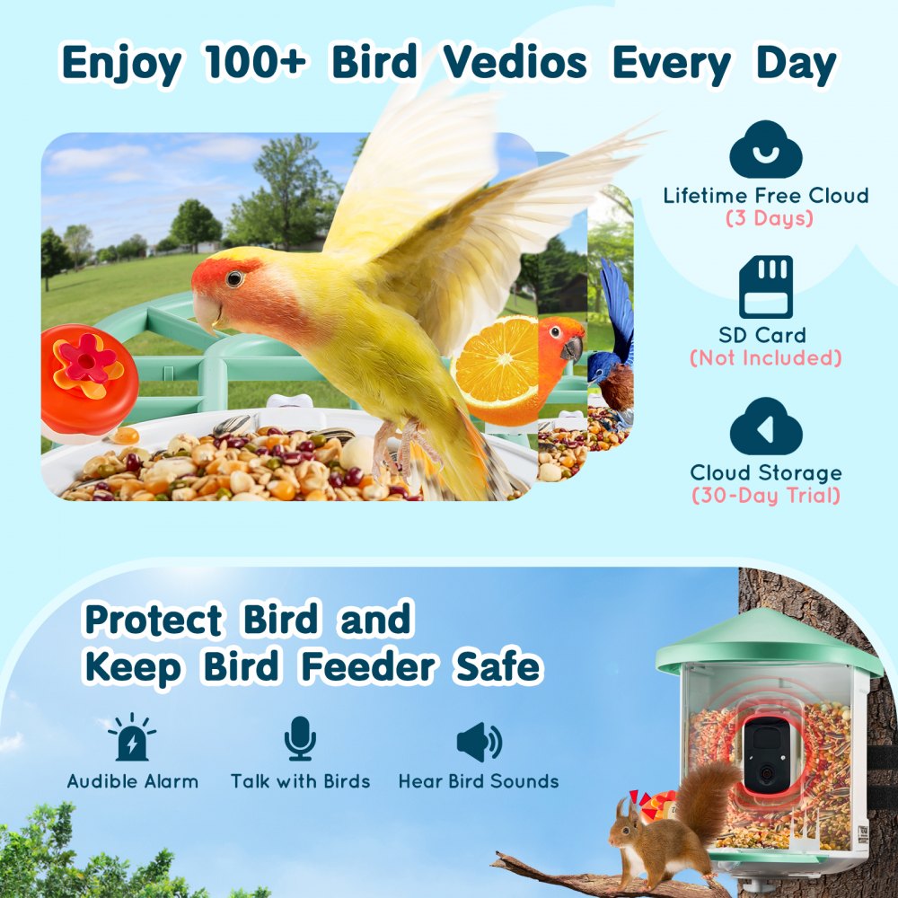 VEVOR Smart Bird Feeder with Camera, 2K HD AI Identify 10000+ Bird Species, Solar-Powered Bird Watching Camera with Auto Capture & Instant Notify, Wireless Outdoor Gift for Bird Lover (3 Solar Panels)