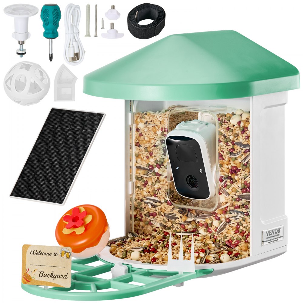VEVOR Smart Bird Feeder with Camera, 2K HD AI Identify 10,000+ Bird Species, Solar-Powered Bird Watching Camera with Auto Capture & Instant Notify, Wireless Outdoor Ideal Gift for Bird Lovers (Green)