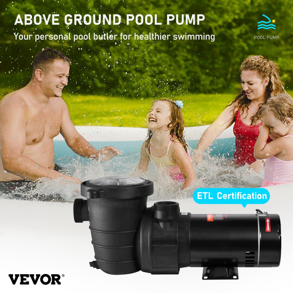 VEVOR Swimming Pool Pump 1.5HP 115V 1100W, Single Speed Pumps for Above Ground, Powerful Pool Pumps with Strainer Filter Basket, 5280 GPH Max. Flow, Certification of ETL for Security