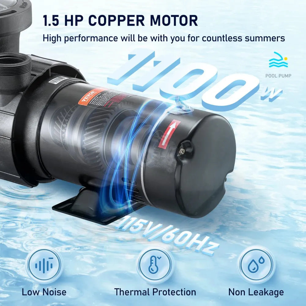 VEVOR Swimming Pool Pump 1.5HP 115V 1100W, Single Speed Pumps for Above Ground, Powerful Pool Pumps with Strainer Filter Basket, 5280 GPH Max. Flow, Certification of ETL for Security