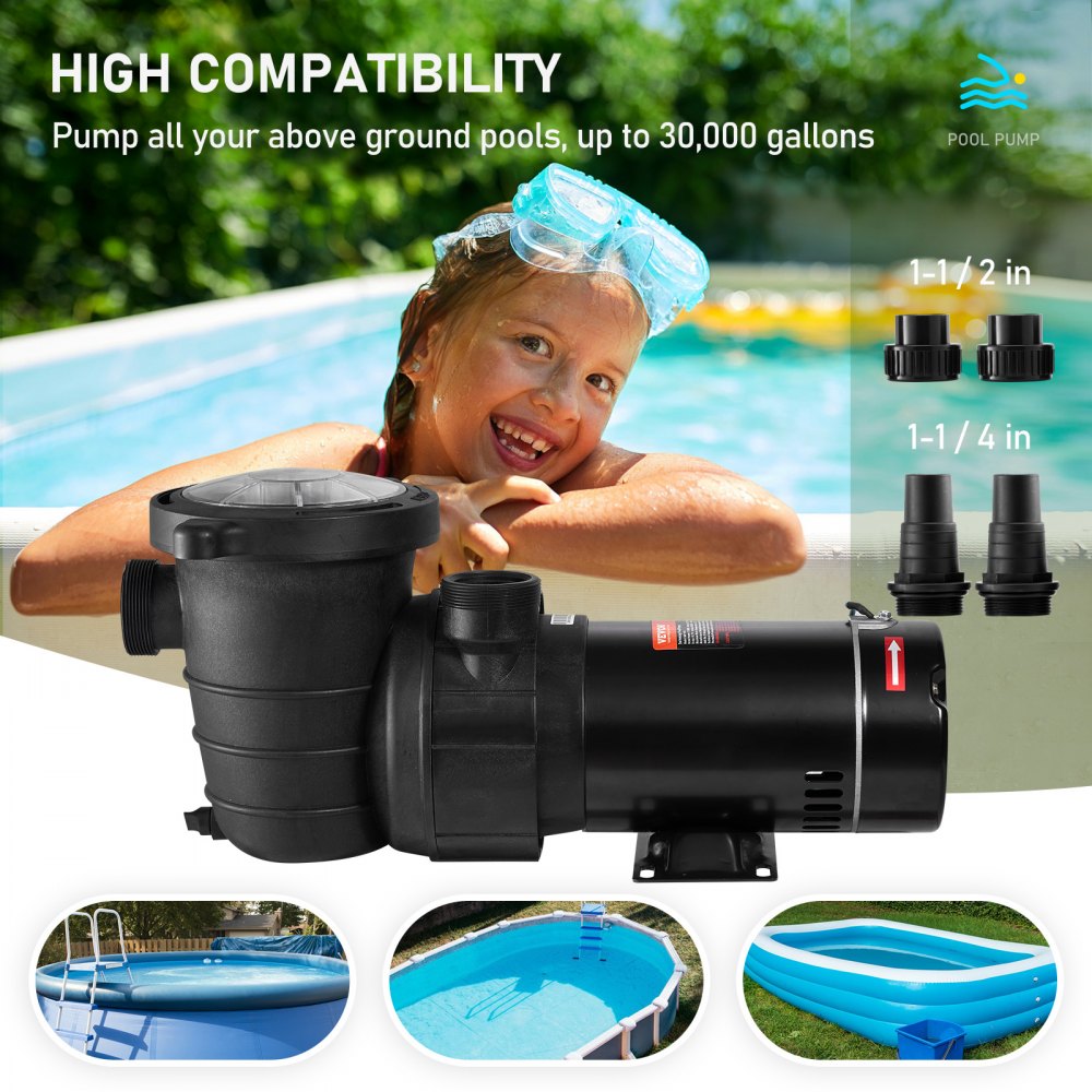 VEVOR Swimming Pool Pump 1.5HP 115V 1100W, Single Speed Pumps for Above Ground, Powerful Pool Pumps with Strainer Filter Basket, 5280 GPH Max. Flow, Certification of ETL for Security