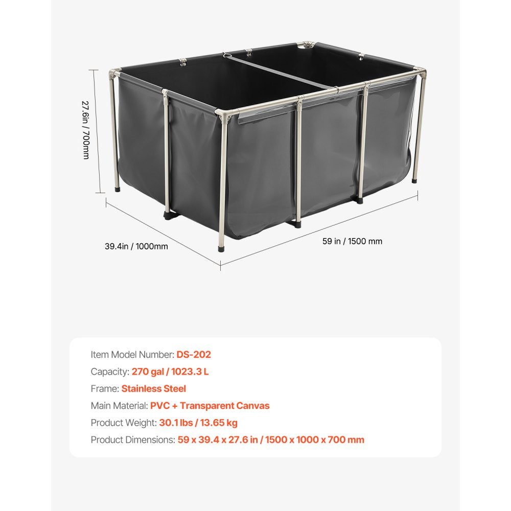 VEVOR Canvas Fish Pond, 270 Gal Above Ground Fish Pond, PVC Koi Tank with Clear Viewing Panel, Rectangular Goldfish Tank with Stainless Steel Frame & Drain Valve, for Breeding Koi, Irrigation(Black)