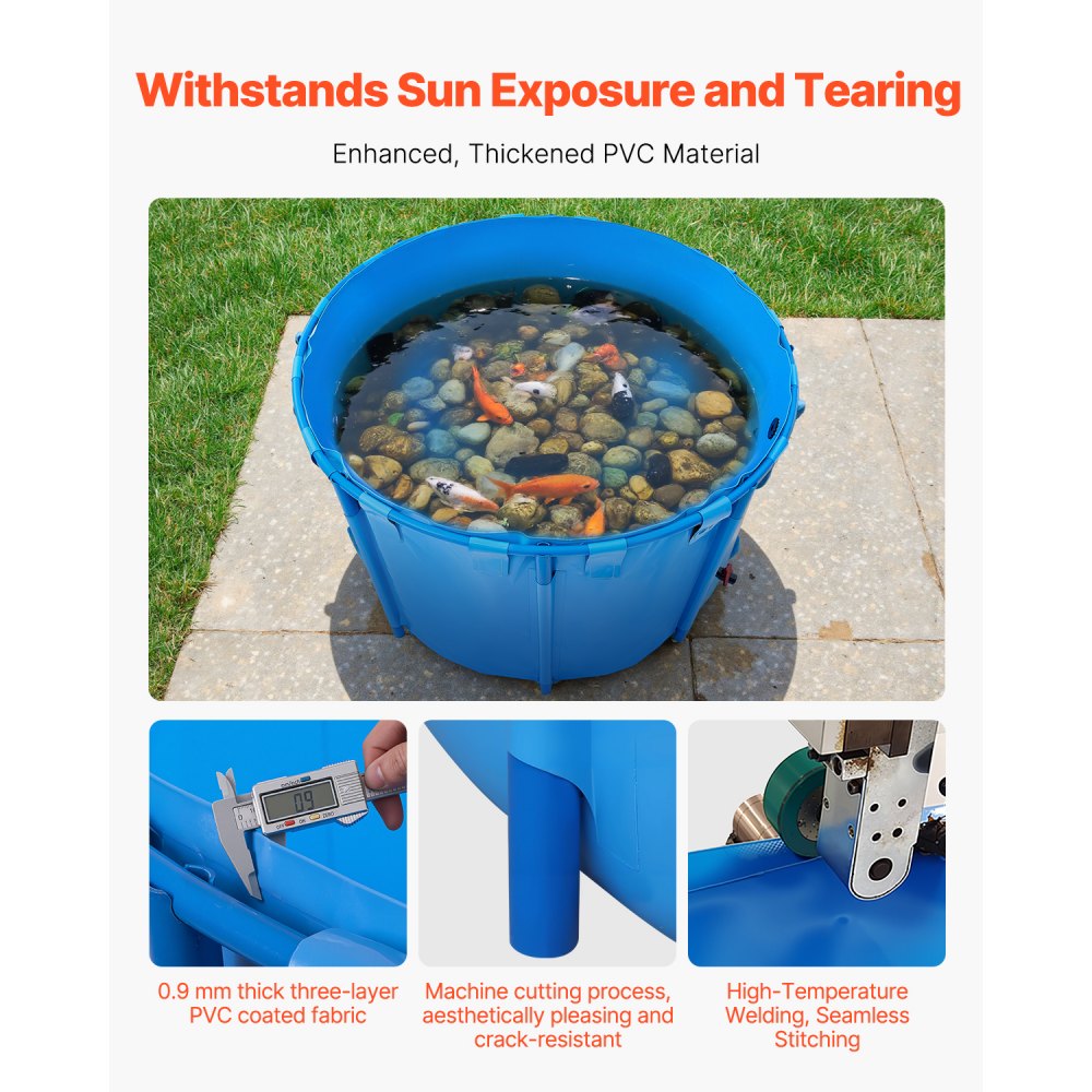 VEVOR Canvas Fish Pond, 448.8 Gal Capacity Above Ground Fish Pond, Foldable PVC Koi Tank, Round Goldfish Tank with Stable Frame and Drain Valve, for Aquaculture, Koi Breeding, and Irrigation (Blue)
