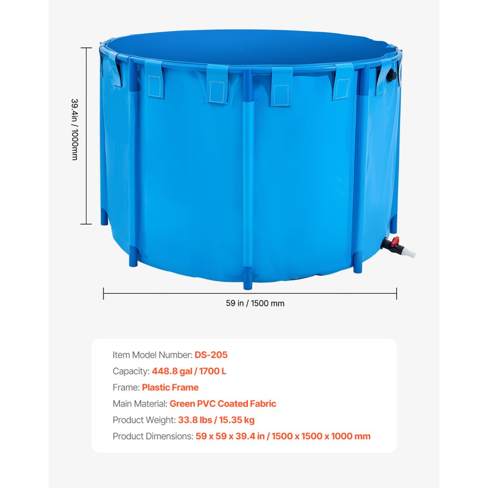VEVOR Canvas Fish Pond, 448.8 Gal Capacity Above Ground Fish Pond, Foldable PVC Koi Tank, Round Goldfish Tank with Stable Frame and Drain Valve, for Aquaculture, Koi Breeding, and Irrigation (Blue)