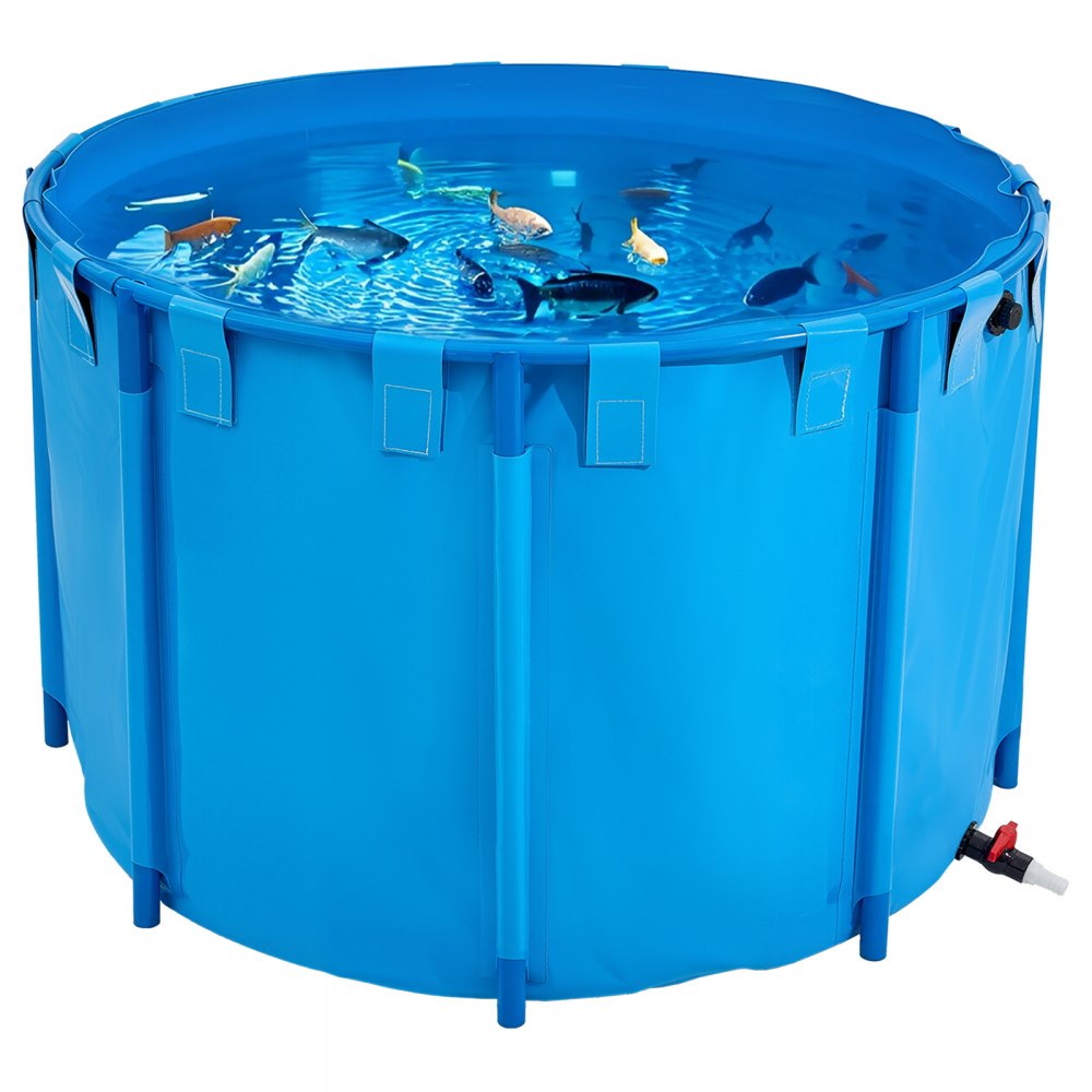 VEVOR Canvas Fish Pond, 448.8 Gal Capacity Above Ground Fish Pond, Foldable PVC Koi Tank, Round Goldfish Tank with Stable Frame and Drain Valve, for Aquaculture, Koi Breeding, and Irrigation (Blue)