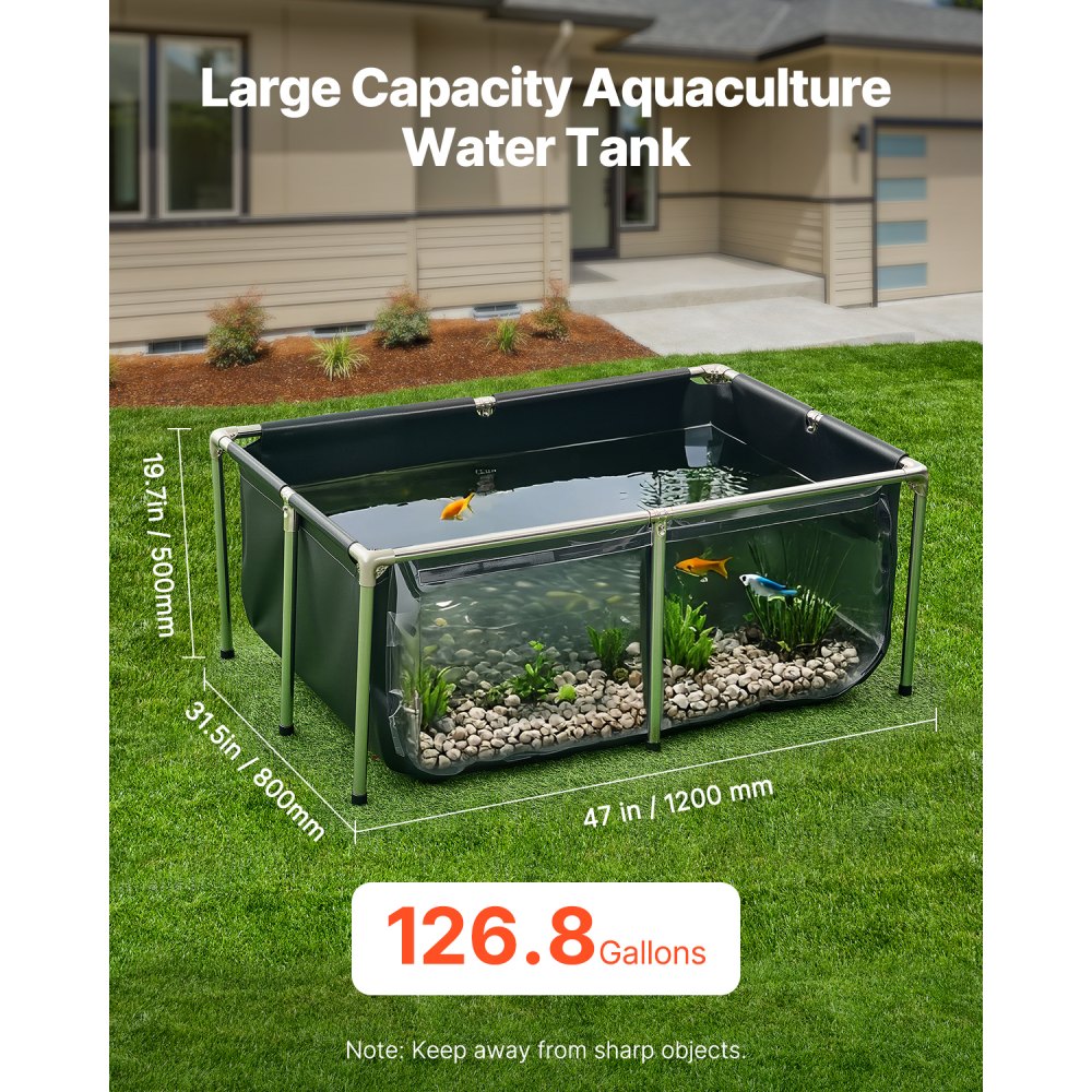 VEVOR Canvas Fish Pond, 126.8 Gal Above Ground Fish Pond, PVC Koi Tank with Clear Viewing Panel, Rectangular Goldfish Tank with Stainless Steel Frame & Drain Valve, for Breeding Koi, Irrigation(Black)