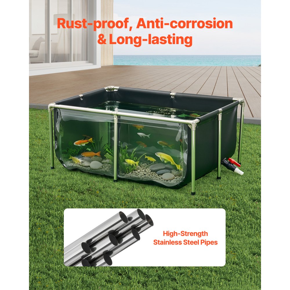 VEVOR Canvas Fish Pond, 126.8 Gal Above Ground Fish Pond, PVC Koi Tank with Clear Viewing Panel, Rectangular Goldfish Tank with Stainless Steel Frame & Drain Valve, for Breeding Koi, Irrigation(Black)
