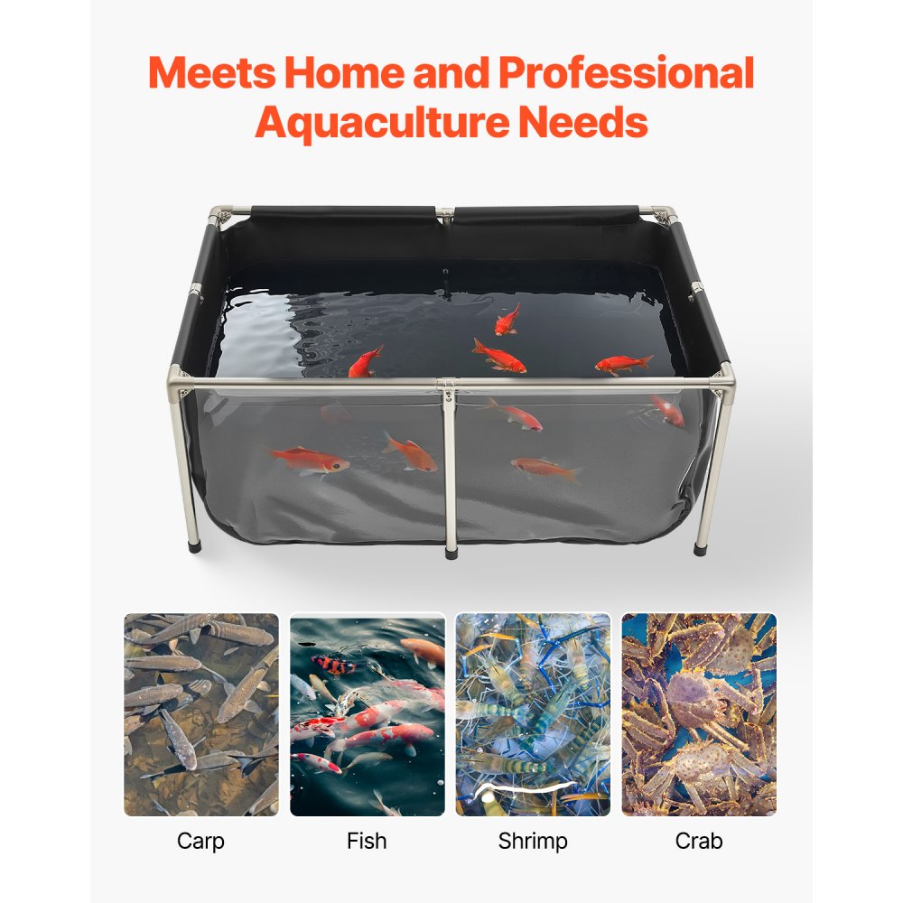 VEVOR Canvas Fish Pond, 126.8 Gal Above Ground Fish Pond, PVC Koi Tank with Clear Viewing Panel, Rectangular Goldfish Tank with Stainless Steel Frame & Drain Valve, for Breeding Koi, Irrigation(Black)
