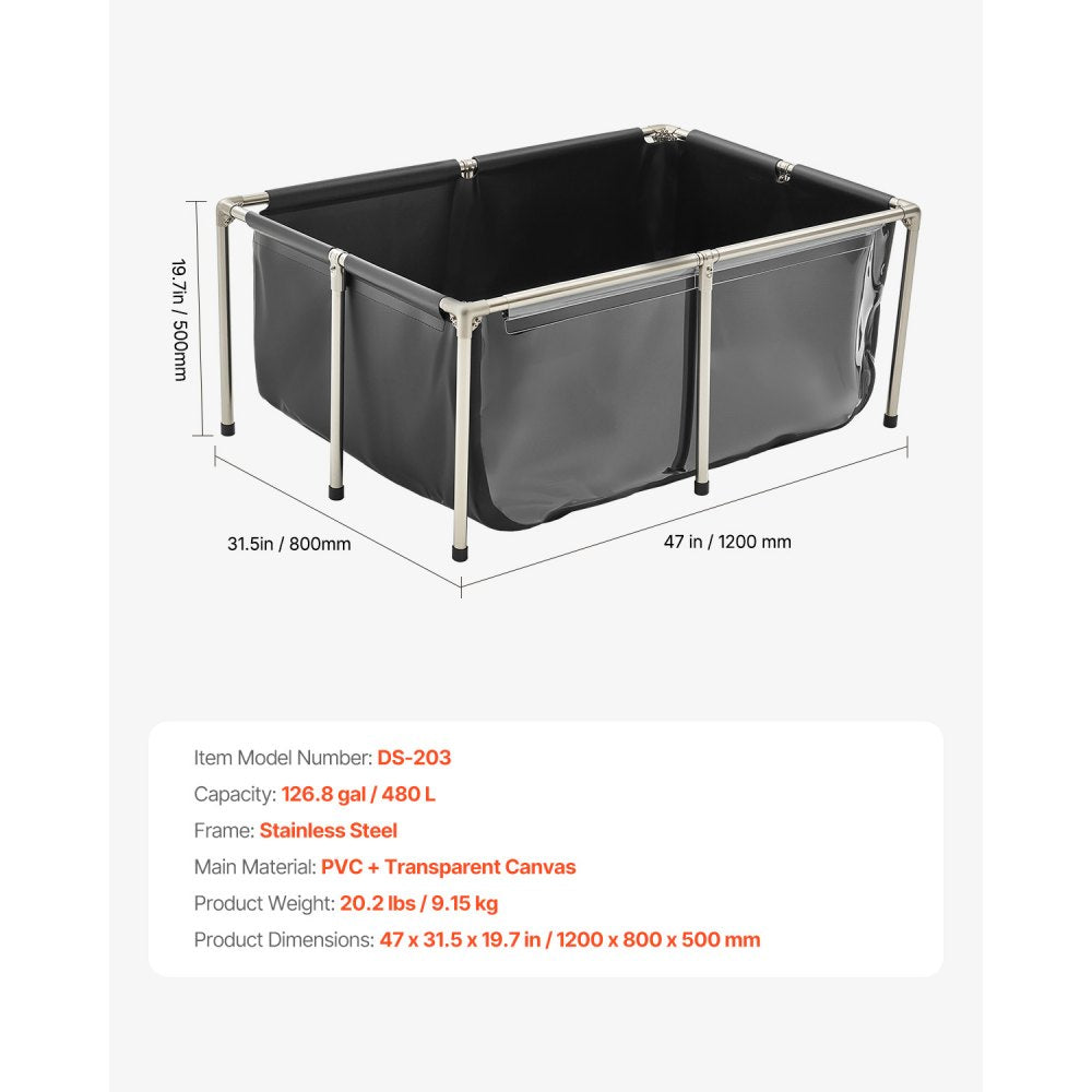 VEVOR Canvas Fish Pond, 126.8 Gal Above Ground Fish Pond, PVC Koi Tank with Clear Viewing Panel, Rectangular Goldfish Tank with Stainless Steel Frame & Drain Valve, for Breeding Koi, Irrigation(Black)