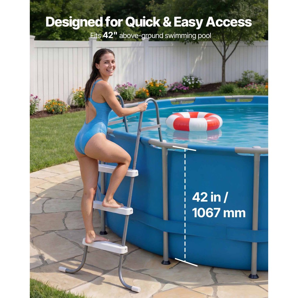 VEVOR Above Ground Pool Ladder, 3-Step Steel A-Frame Swimming Pool Stairs for 42 in High Wall, 300 lbs Capacity Entry/Exit Steps with Secure Non-Slip Sturdy Wide Step, Easy Setup, Gray & White