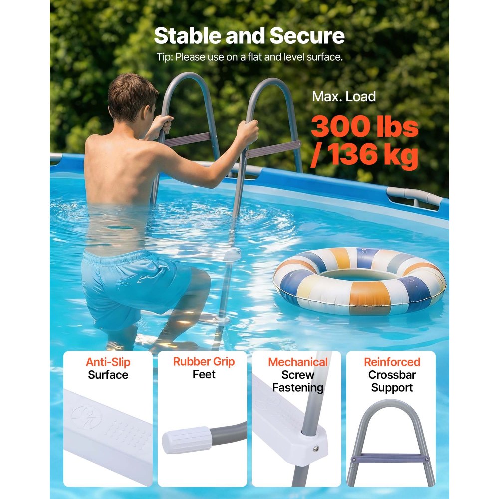 VEVOR Above Ground Pool Ladder, 3-Step Steel A-Frame Swimming Pool Stairs for 42 in High Wall, 300 lbs Capacity Entry/Exit Steps with Secure Non-Slip Sturdy Wide Step, Easy Setup, Gray & White
