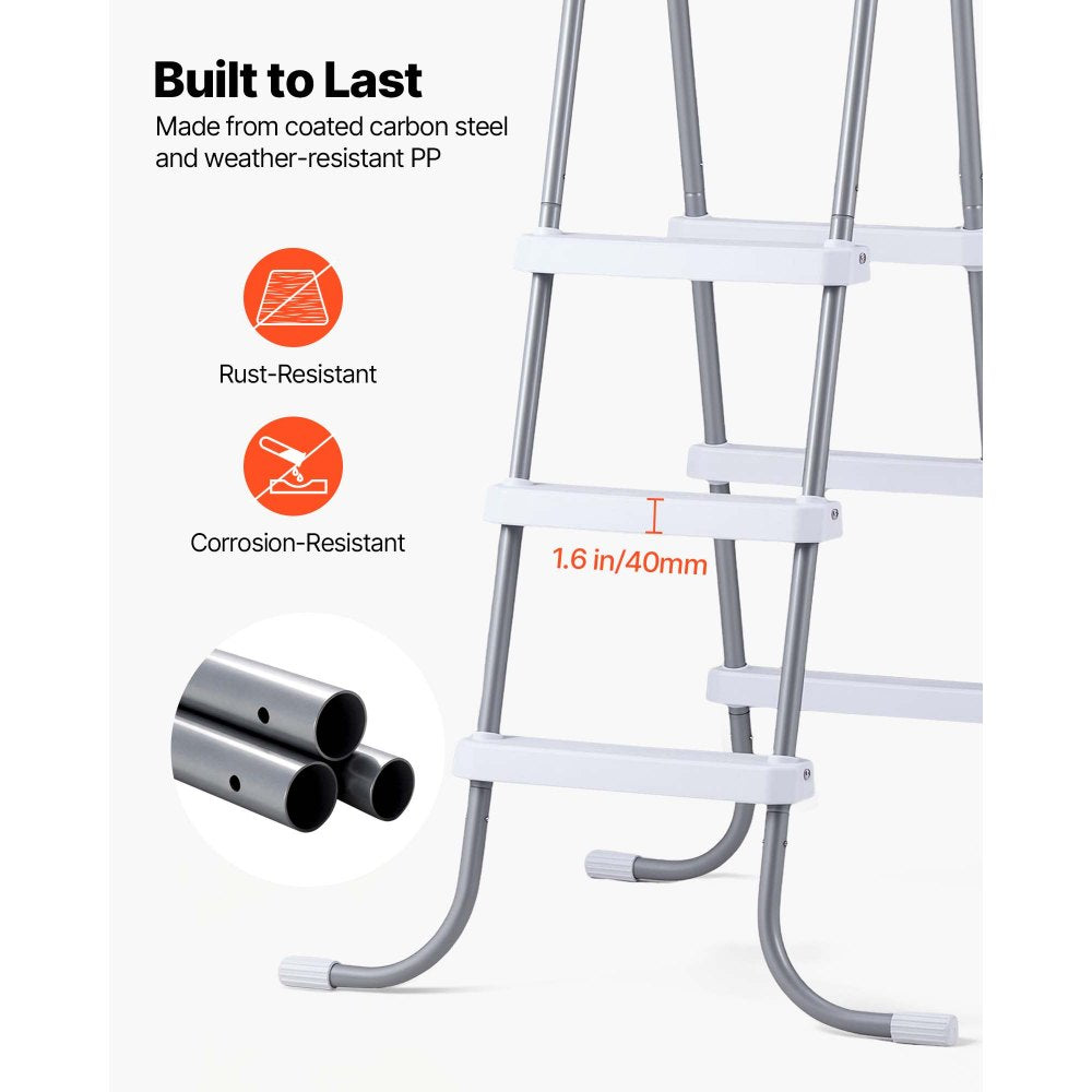 VEVOR Above Ground Pool Ladder, 3-Step Steel A-Frame Swimming Pool Stairs for 42 in High Wall, 300 lbs Capacity Entry/Exit Steps with Secure Non-Slip Sturdy Wide Step, Easy Setup, Gray & White