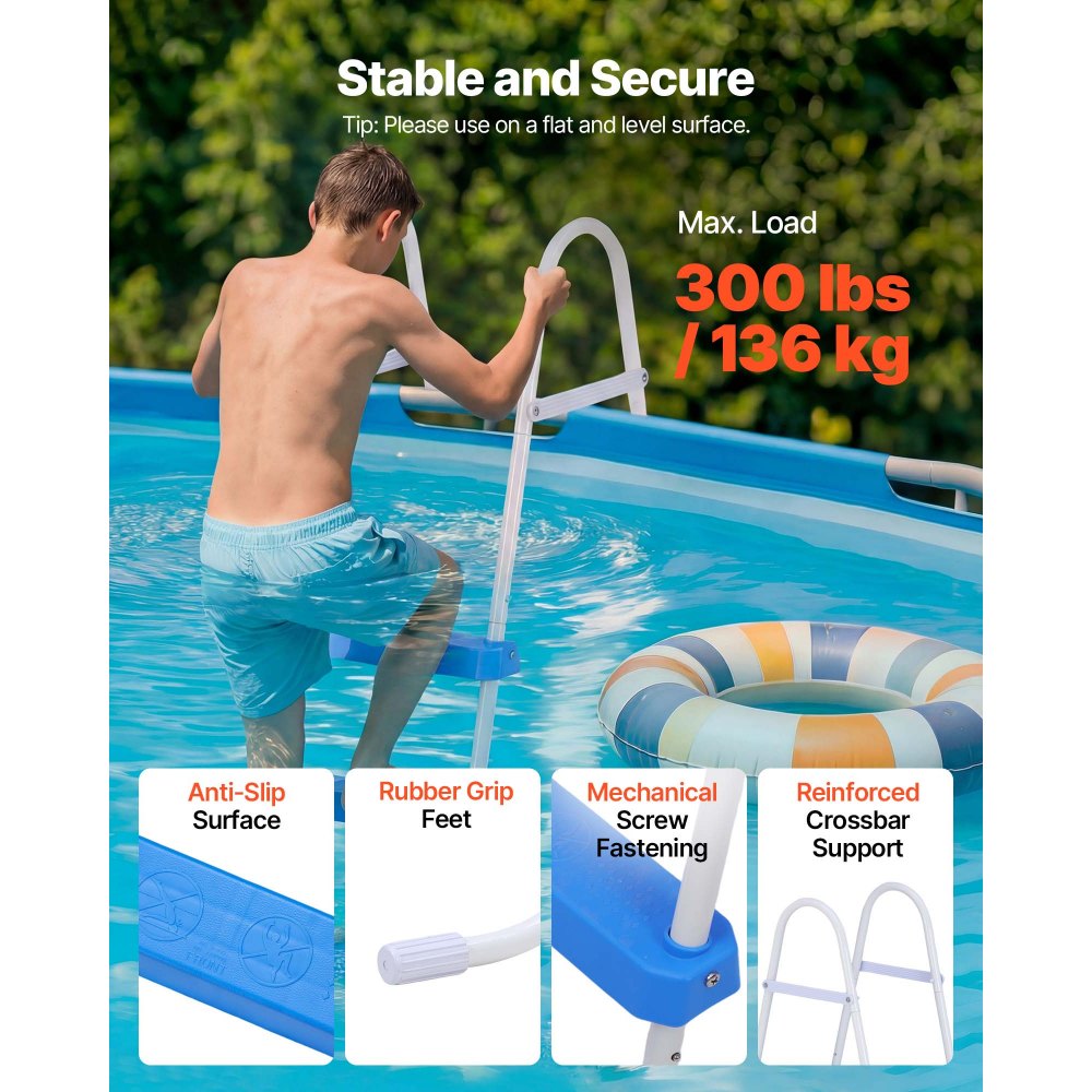 VEVOR Above Ground Pool Ladder, 3-Step Steel A-Frame Swimming Pool Stairs for 36 in High Wall, 300 lbs Capacity Entry/Exit Steps with Secure Non-Slip Sturdy Wide Step, Easy Setup, White & Blue