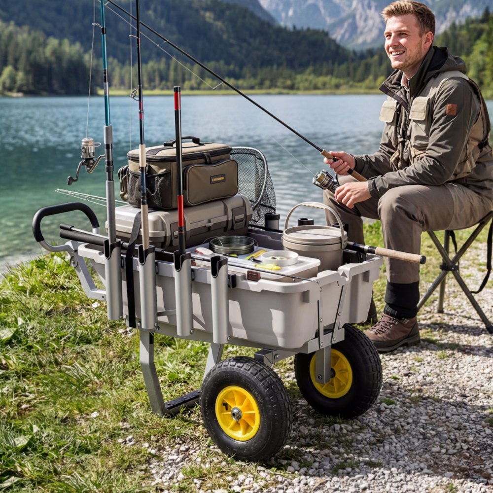 VEVOR Beach Fishing Cart, 200 lbs Load Capacity, Foldable Fishing Cart with Heavy-Duty Aluminum Alloy Frame, 13-Inch All-Terrain Tires, 8 Rod Holders, Strap, Easy to Clean, for Outdoor Camping Picnic
