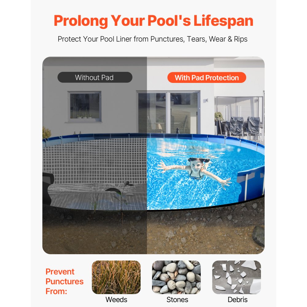 VEVOR Oval Pool Liner Pad, 12 x 24 ft Pool Liner Pad for Above Ground Swimming Pools, Extra-Thick Pool Mat, Prevents Punctures, Recycled Geotextile Material Underlayment Pad, Extend Liner Life