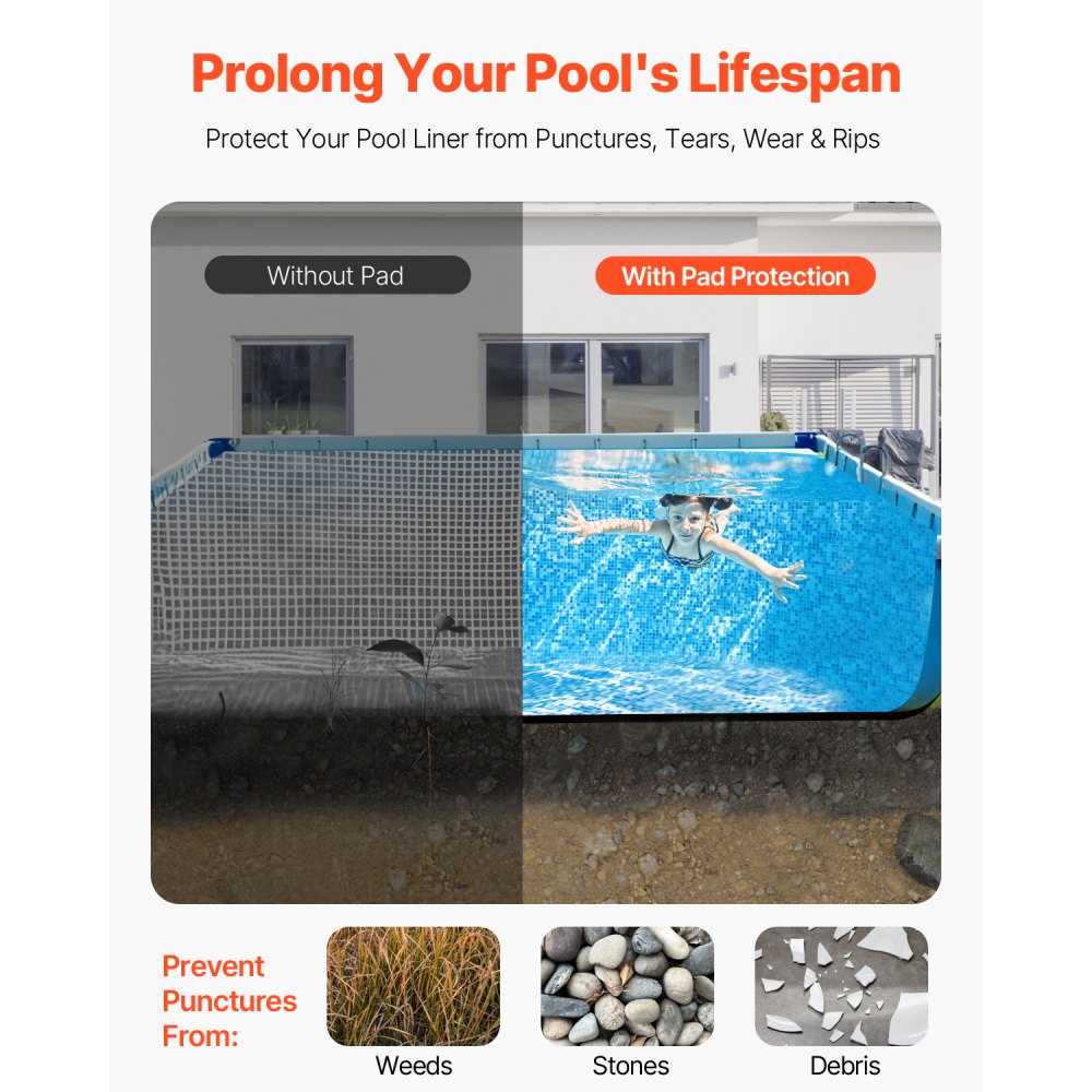 VEVOR Rectangle Pool Liner Pad, 16 x 32 ft Pool Liner Pad for Above Ground Swimming Pools, Extra-Thick Pool Mat, Prevents Punctures, Recycled Geotextile Material Underlayment Pad, Extend Liner Life