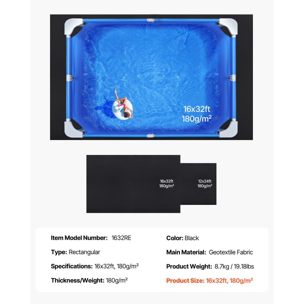 VEVOR Rectangle Pool Liner Pad, 16 x 32 ft Pool Liner Pad for Above Ground Swimming Pools, Extra-Thick Pool Mat, Prevents Punctures, Recycled Geotextile Material Underlayment Pad, Extend Liner Life