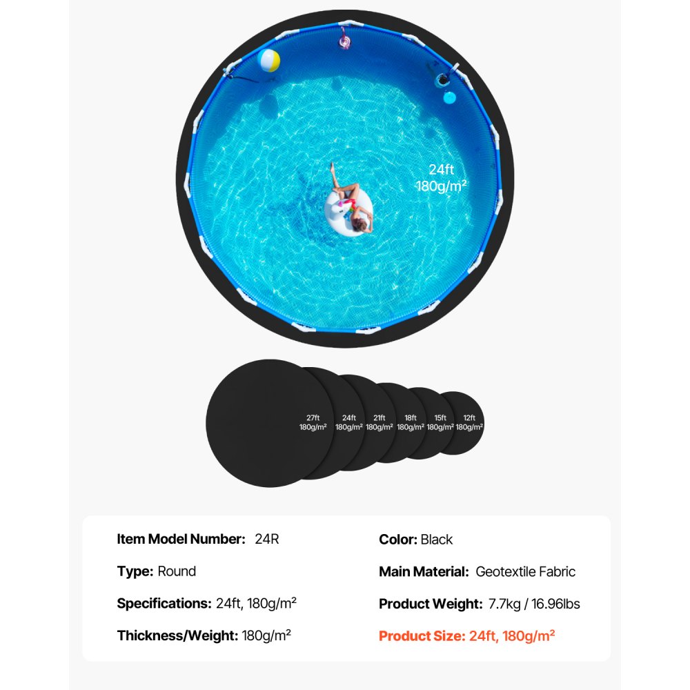 VEVOR 24ft Round Pool Liner Pad, Pool Liner Pad for Above Ground Swimming Pools, Extra-Thick Pool Mat, Prevents Punctures, Recycled Geotextile Material Underlayment Pad, Extend Liner Life
