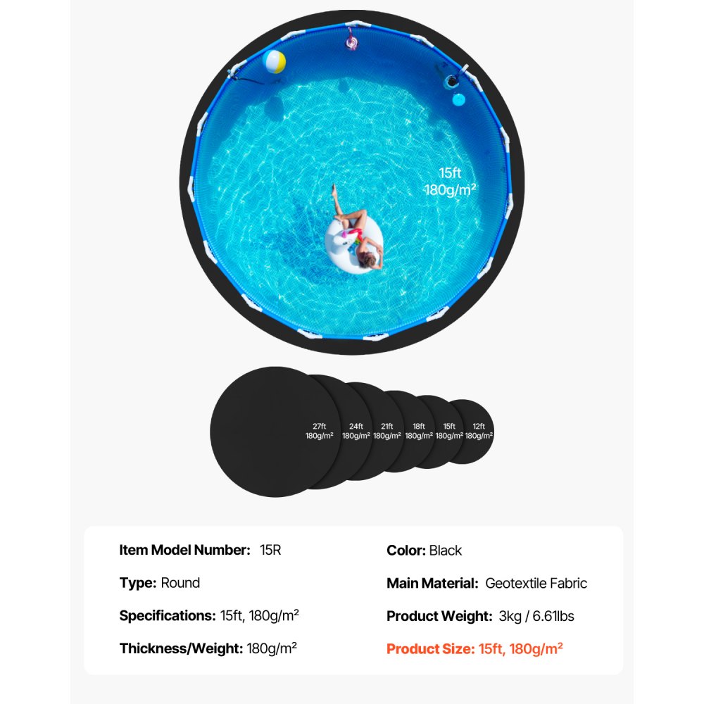 VEVOR 15ft Round Pool Liner Pad, Pool Liner Pad for Above Ground Swimming Pools, Extra-Thick Pool Mat, Prevents Punctures, Recycled Geotextile Material Underlayment Pad, Extend Liner Life